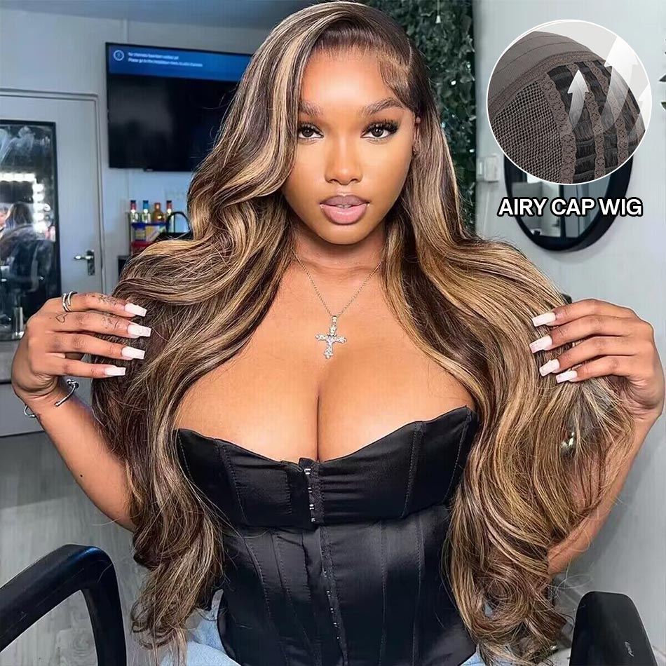 Airy Cap | Honey Blonde Highlight Pre Cut 7x5 HD Lace Glueless Wig Straight & Body Wave