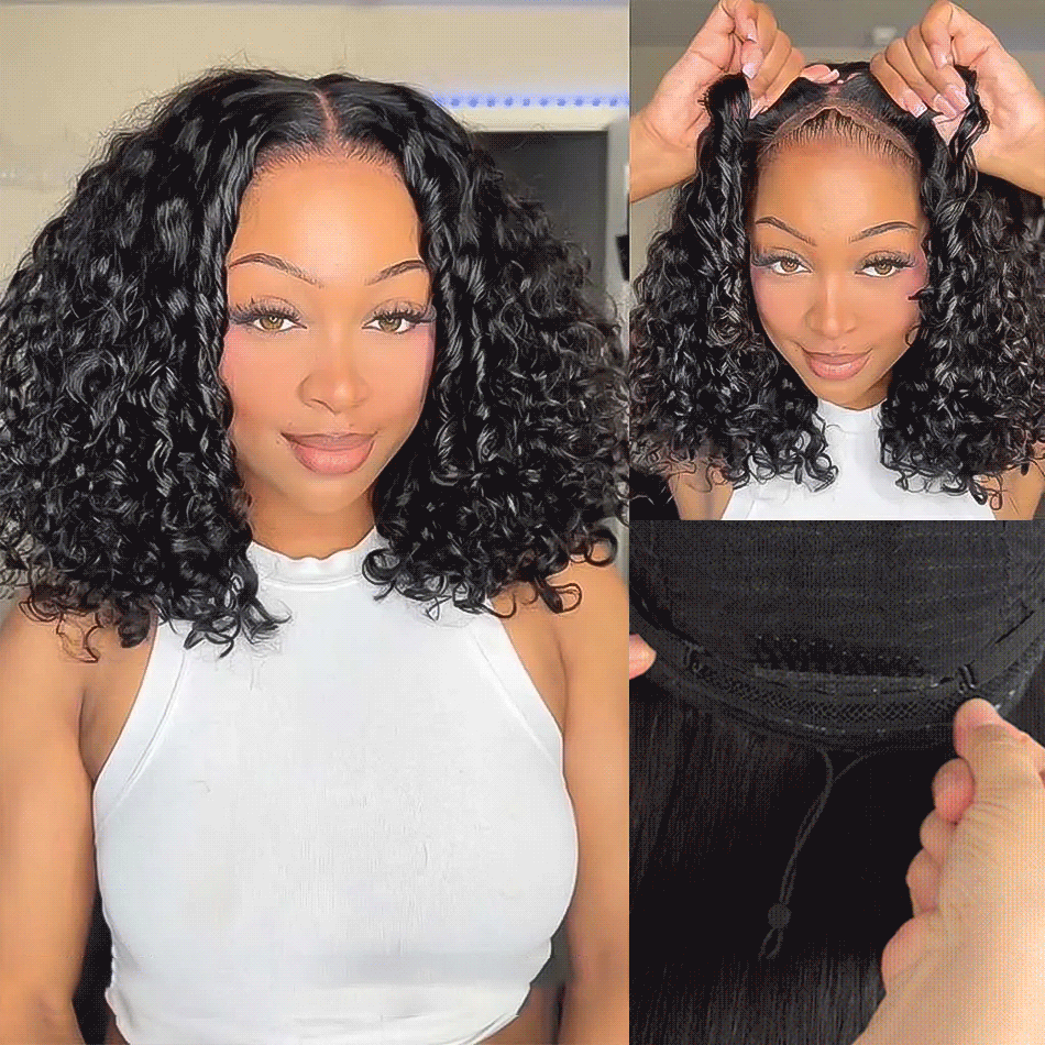 Pull & Go Drawstring Bouncy Water Wave Pre-Cut 6×5 Lace Glueless Short Bob Wig Bleached Knots