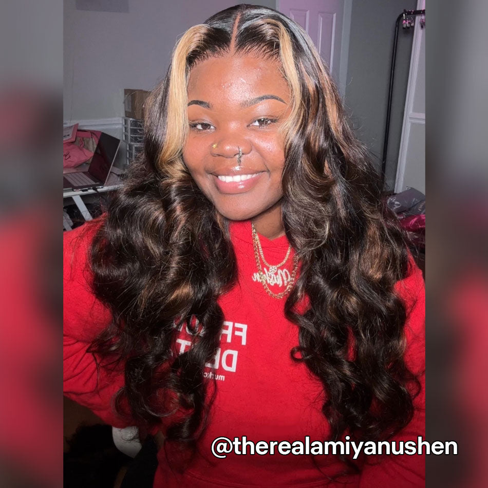 Highlight Brown With Honey Blonde Skunk Stripe Glueless Wig Pre Cut 6x5 HD Lace Pre Bleached Knots