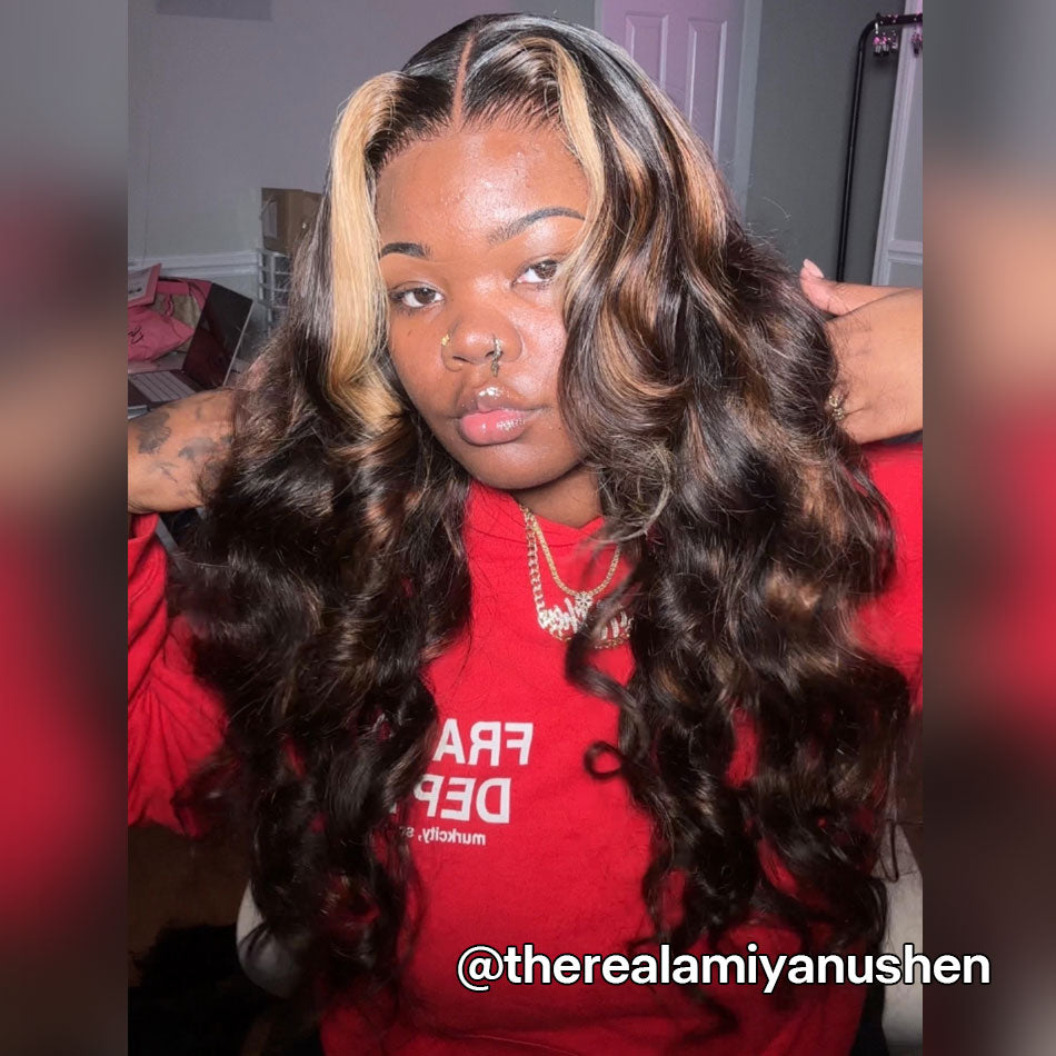 Highlight Brown With Honey Blonde Skunk Stripe Glueless Wig Pre Cut 6x5 HD Lace Pre Bleached Knots