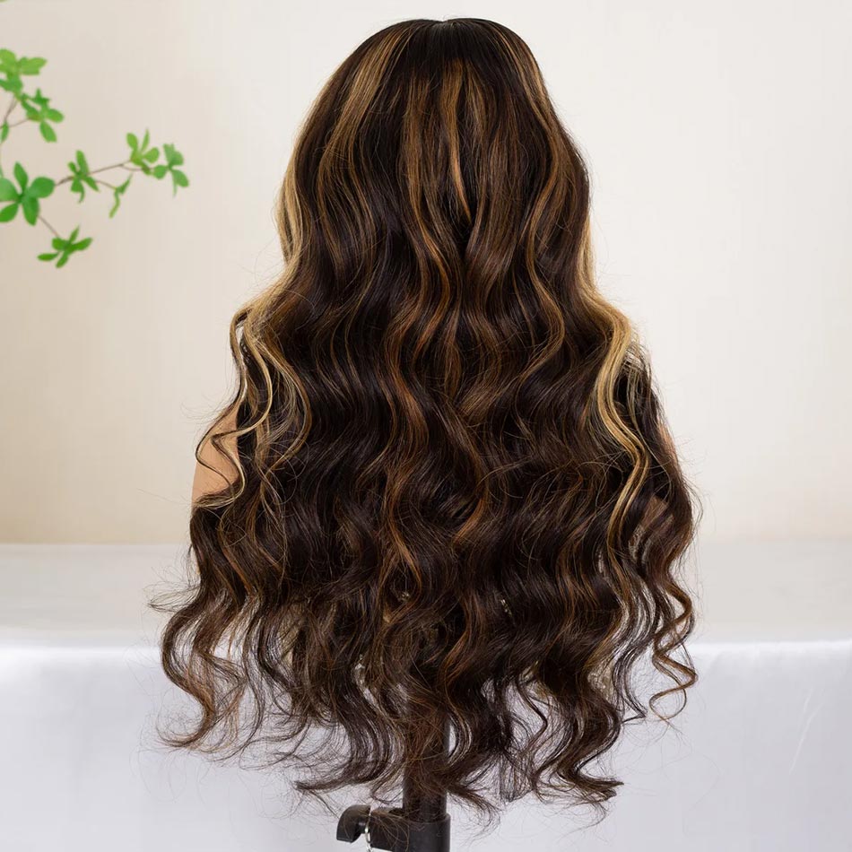Highlight Brown With Honey Blonde Skunk Stripe Glueless Wig Pre Cut 6x5 HD Lace Pre Bleached Knots