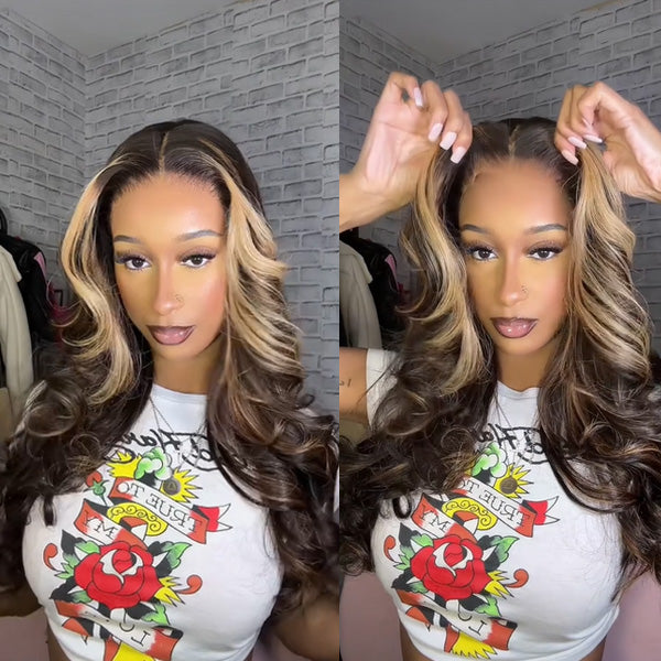 Highlight Brown With Honey Blonde Skunk Stripe Glueless Wig Pre Cut 6x5 HD Lace Pre Bleached Knots