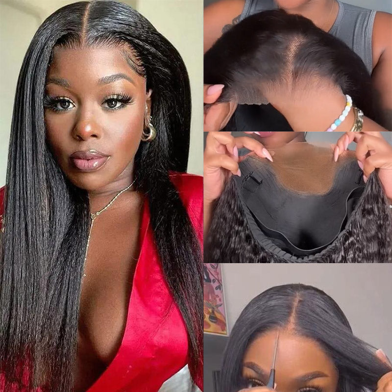 Wear And Go Kinky Straight 6x5 Pre Cut HD Lace Glueless Wig Pre Bleached Knots