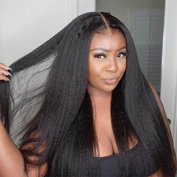 Wear And Go Kinky Straight 6x5 Pre Cut HD Lace Glueless Wig Pre Bleached Knots
