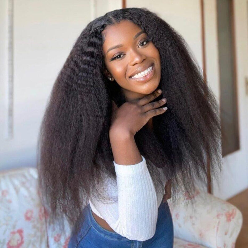 Wear And Go Kinky Straight 6x5 Pre Cut HD Lace Glueless Wig Pre Bleached Knots