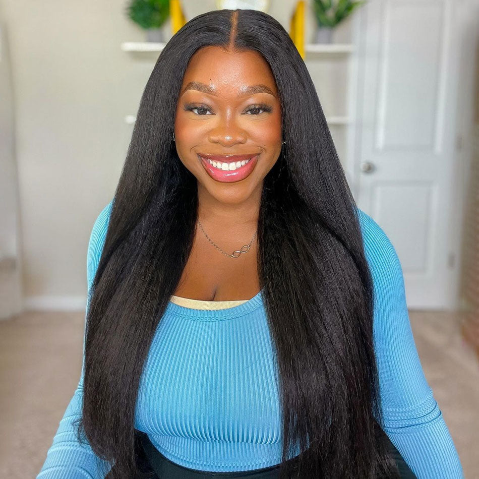 Wear And Go Kinky Straight 6x5 Pre Cut HD Lace Glueless Wig Pre Bleached Knots