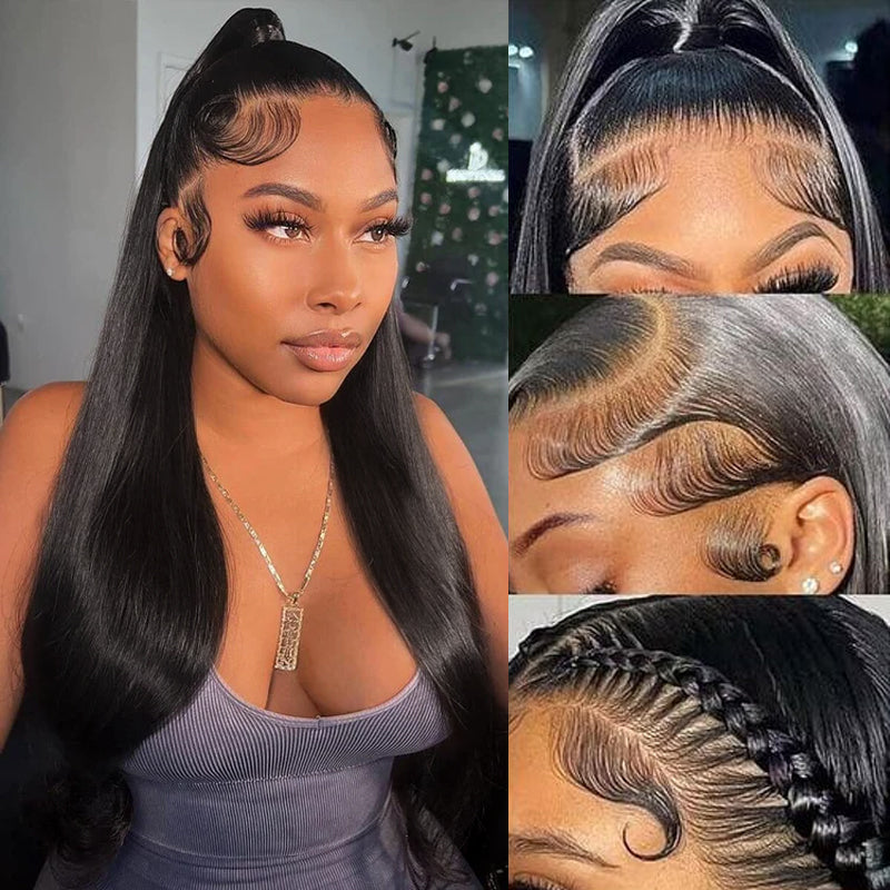 Invisible-Drawstring 360 Lace Wig Human Hair Straight Glueless Wig Pre Bleached Knots