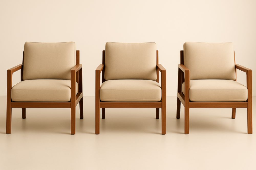 Lot de 3 Fauteuils en Tissu Beige avec Structure en Bois