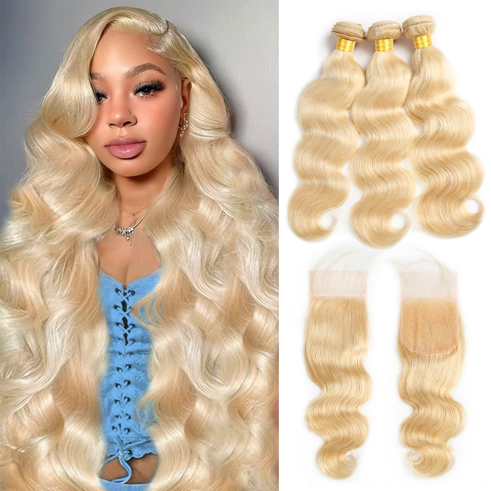 Lebeaute 613 Blonde Body Wave Virgin Human Hair 3 Bundles With 4x4 Lace Closure