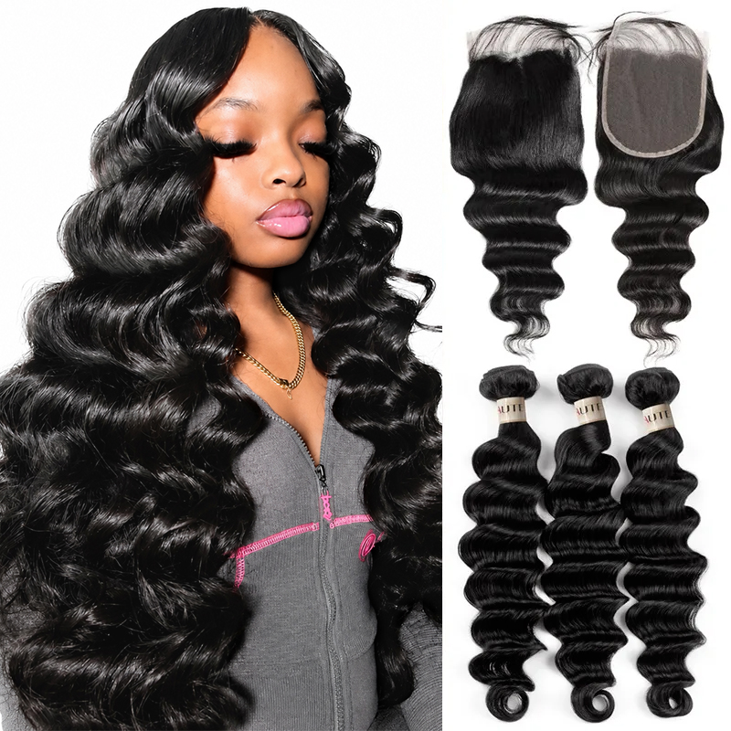 Lebeaute Loose Deep Wave Human Hair Bundles With 5x5 Lace Closure