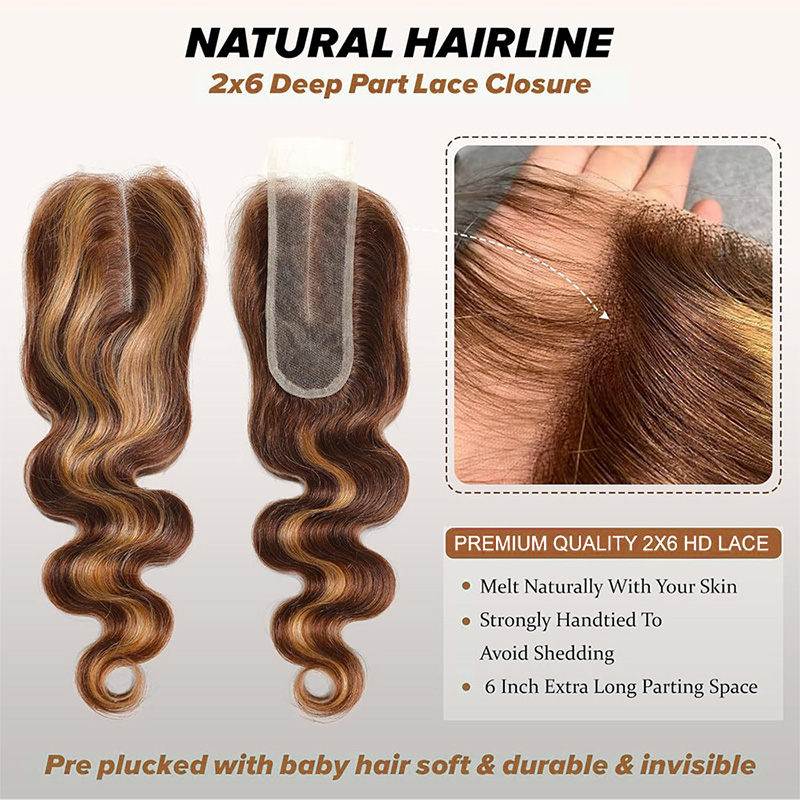 Lebeaute Highlight Bundles with 2x6 HD Closure 30 Inch Body Wave Human Hair P4/27 Color