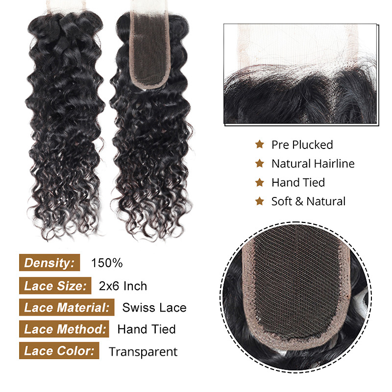 Lebeaute 3 Bundles With Deep Part 2x6 Lace Closure Water Wave Human Hair Bundles With Closure