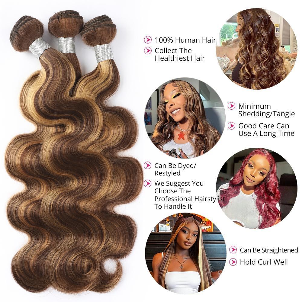 Lebeaute Body Wave Hair Bundles With Lace Closure P4/27 Highlight Color 3 Bundles With 5x5 Lace Closure