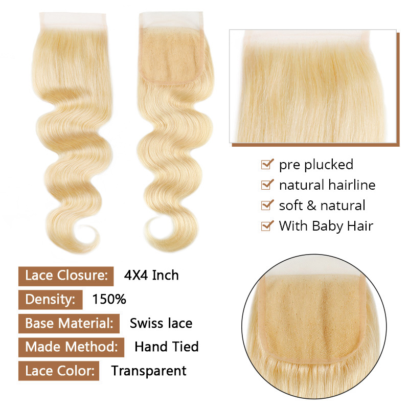 Lebeaute 613 Blonde Body Wave Virgin Human Hair 3 Bundles With 4x4 Lace Closure
