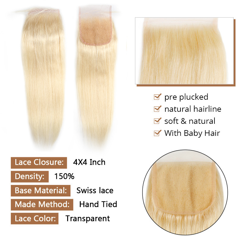 Lebeaute 613 Blonde Hair 3 Bundles With 4x4 Lace Closure Straight Human Hair Extensions