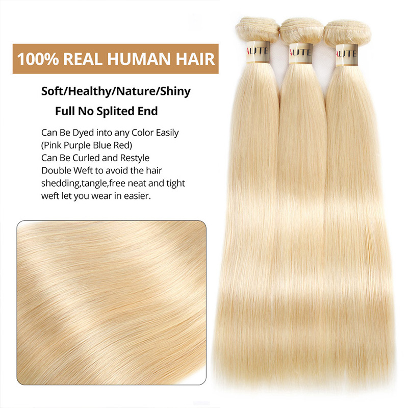 Lebeaute 613 Blonde Hair 3 Bundles With 4x4 Lace Closure Straight Human Hair Extensions