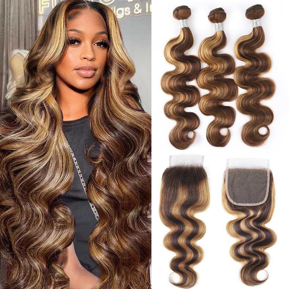 Lebeaute Body Wave Hair Bundles With Lace Closure P4/27 Highlight Color 3 Bundles With 5x5 Lace Closure