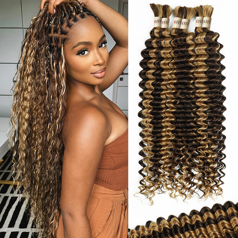 Lebeaute P4/27 Highlight Deep Wave Bulk Hair Braiding Hair 100% Human Hair for Micro Braiding No Weft