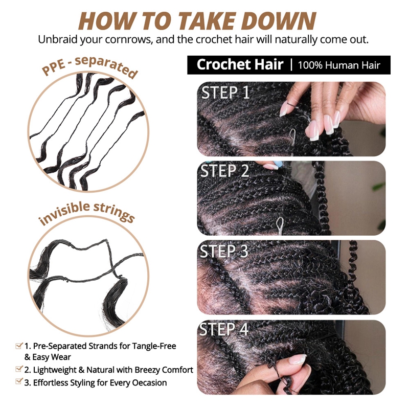 Deep Wave Feather Crochet Human Hair for Mircale Knots Human Hair Bundles Pre-Separeted 50g/ Bundle- Knotless Boho Braids Extensions