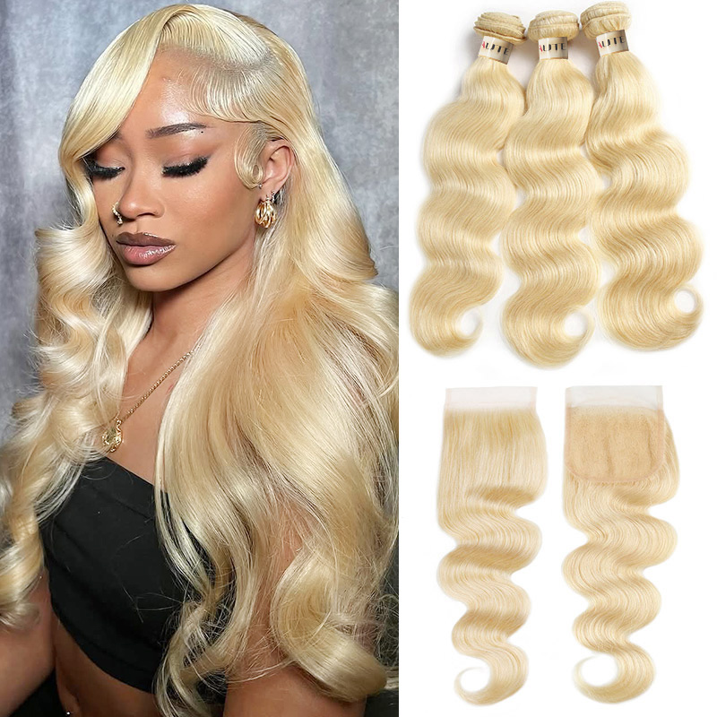Lebeaute 613 Blonde Body Wave Virgin Human Hair 3 Bundles With 4x4 Lace Closure