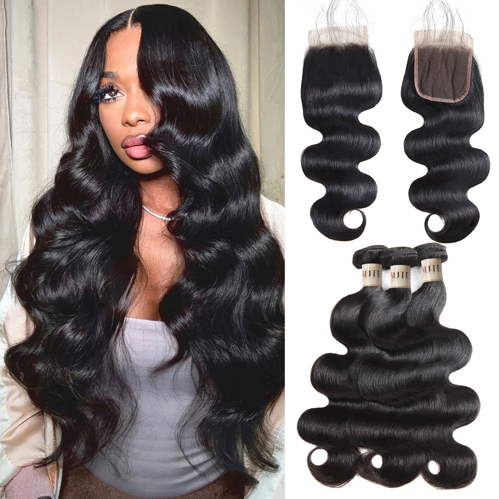 Lebeaute Body Wave Hair 3 Bundles With 4*4 Transparent Lace Closure 100% Unprocessed Human Hair