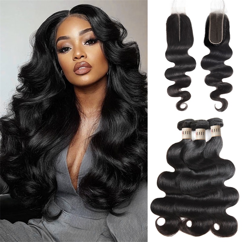Lebeaute Body Wave Virgin Human Hair 3 Bundles With 2x6 Lace Closure Deep Parting