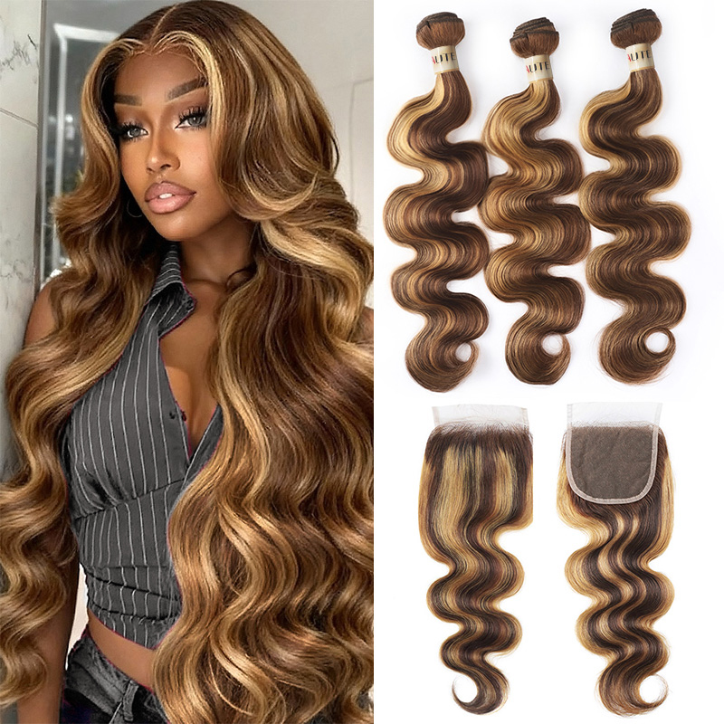 Lebeaute Highlight P4/27 Bundles With Closure Body Wave 3 Bundles With Closure Brazilian Hair Weave Bundles With 4x4 Lace Closure