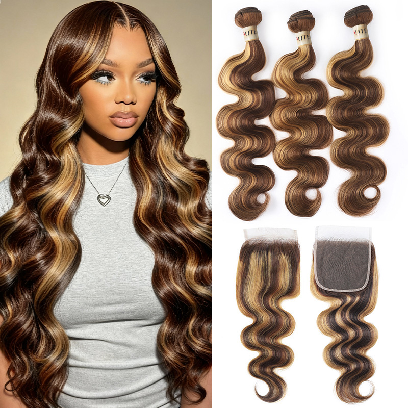 Lebeaute Body Wave Hair Bundles With Lace Closure P4/27 Highlight Color 3 Bundles With 5x5 Lace Closure