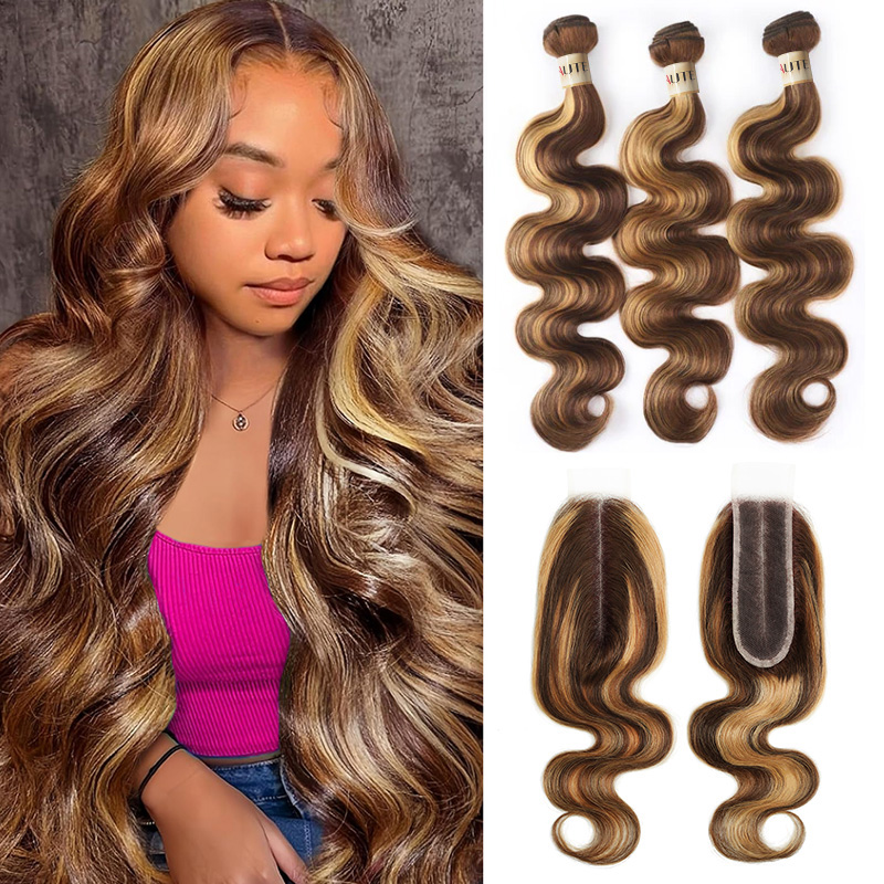 Lebeaute Highlight Bundles with 2x6 HD Closure 30 Inch Body Wave Human Hair P4/27 Color