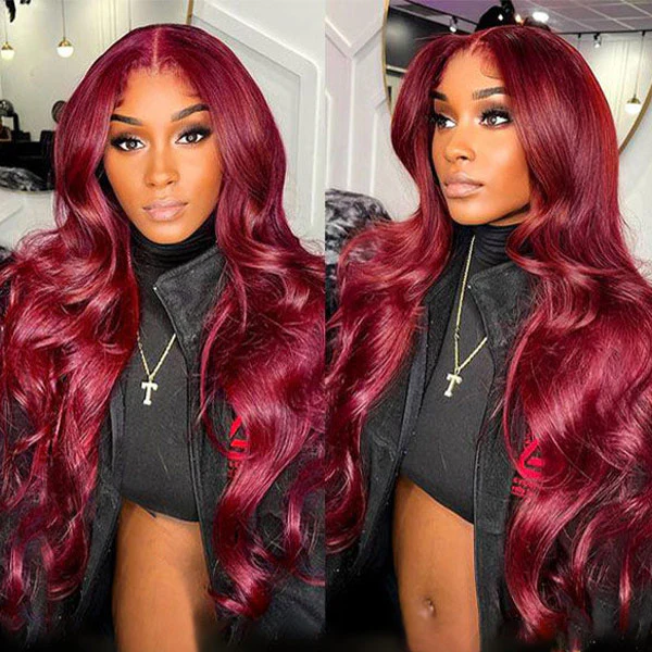 Lebeaute 32 Inch 200 Density 99J Burgundy Body Wave Wig Pre Plucked 13x4 13x6 HD Transparent Lace Front Wig