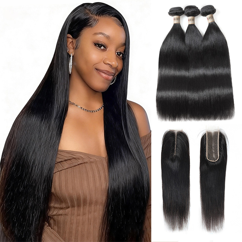 Lebeaute 3 Bundles With 2x6 Lace Closure Straight Human Hair Bundles With Deep Parting Lace Closure