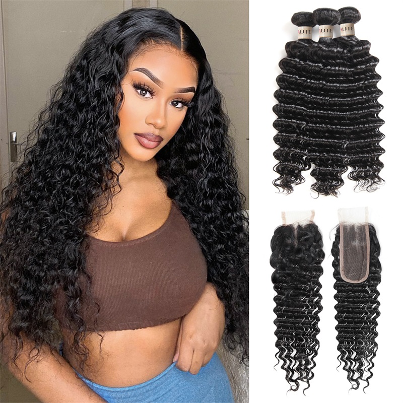 Lebeaute Deep Wave Bundles With Closure Brazilian Hair 3 Bundles With 2x6 Lace Closure