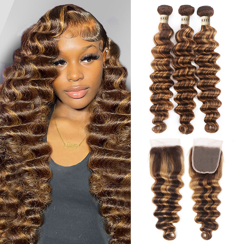 Lebeaute Highlight P4/27 Loose Deep Wave 3 Bundles With 4x4 Lace Closure 100% Real Human Hair