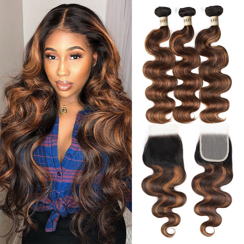 Lebeaute 3 Bundles with Closure FB30 Color Body Wave Human Hair Bundles with 4x4 Lace Closure