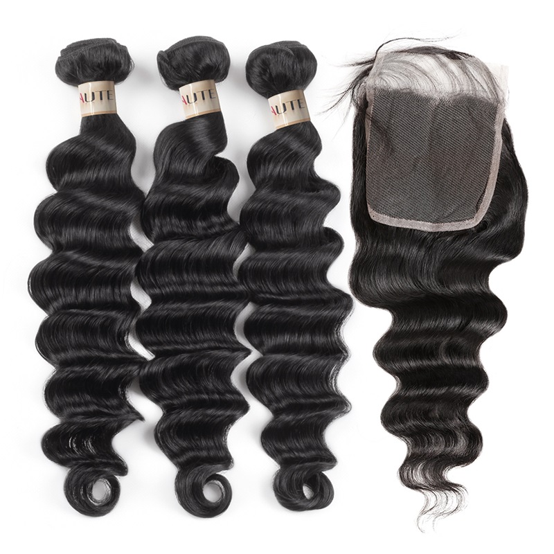 Lebeaute 100% Virgin Hair Loose Deep Wave 3 Bundles With 4*4 Lace Closure