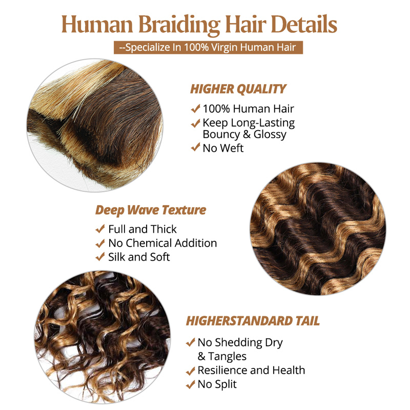 Lebeaute P4/27 Highlight Deep Wave Bulk Hair Braiding Hair 100% Human Hair for Micro Braiding No Weft