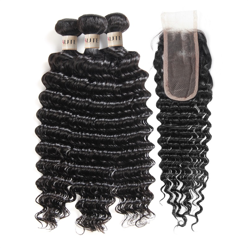 Lebeaute Deep Wave Bundles With Closure Brazilian Hair 3 Bundles With 2x6 Lace Closure