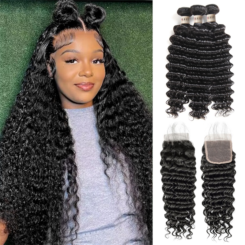 Lebeaute Deep Wave Hair 3 Bundles With 5x5 Lace Closure 100% Brazilian Human Hair Weave