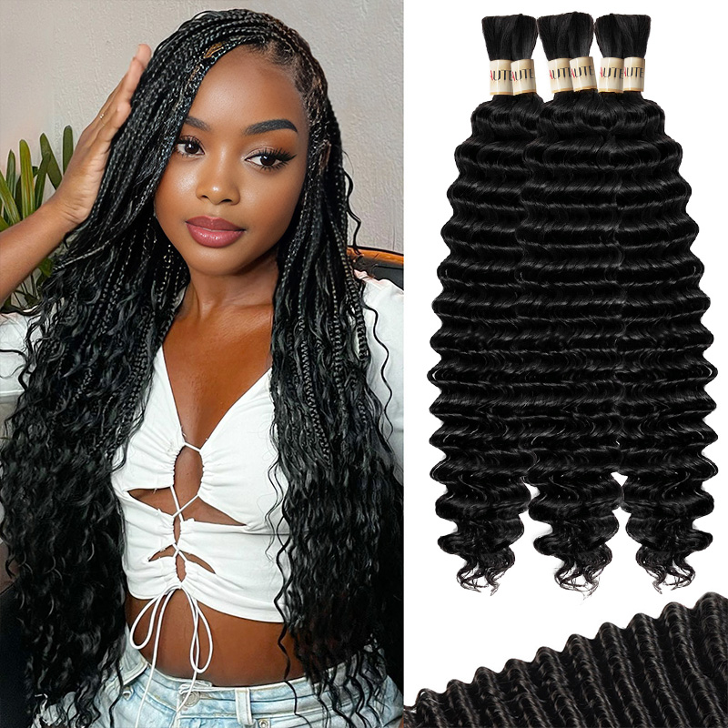 Lebeaute 30 Inch Deep Wave Bulk Human Hair for Boho Braids Natural Black Color