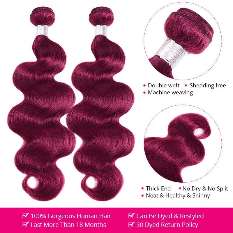 Lebeaute 99J Burgundy Body Wave Human Hair 3 4 Bundles Unprocessed Wine Red Colored Human Hair Extensions