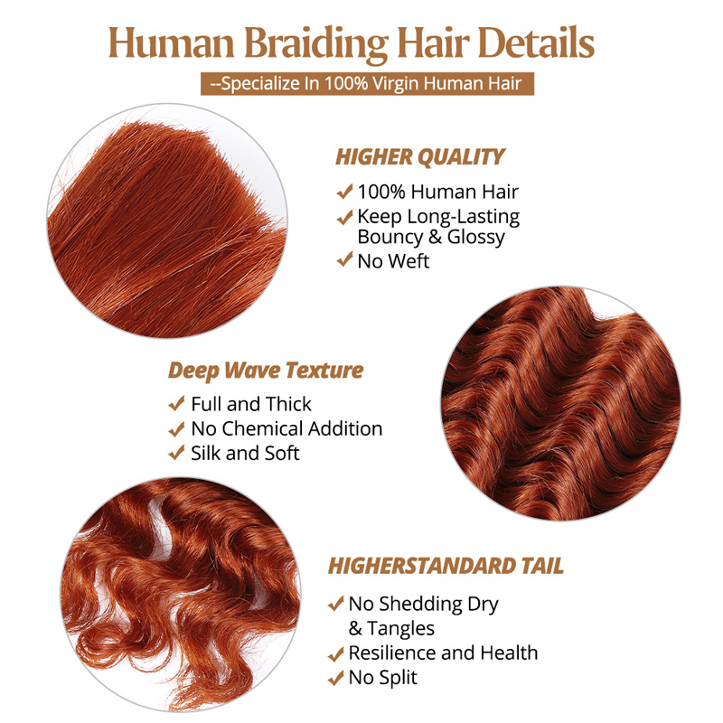 Lebeaute #350 Ginger Color Deep Wave Bulk Human Hair for Braiding No Weft Hair Bundles 12-28 Inch for Sale