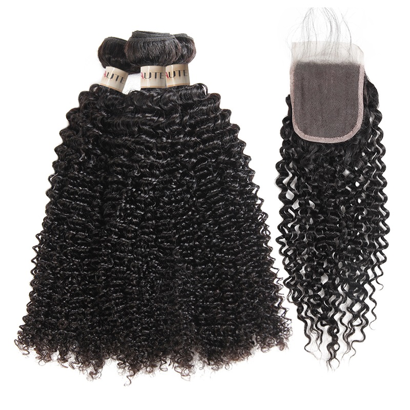Lebeaute Curly Bundles With 4x4 Lace Closure Remy Human Hair 3/4 Bundles With Swiss Lace Closure