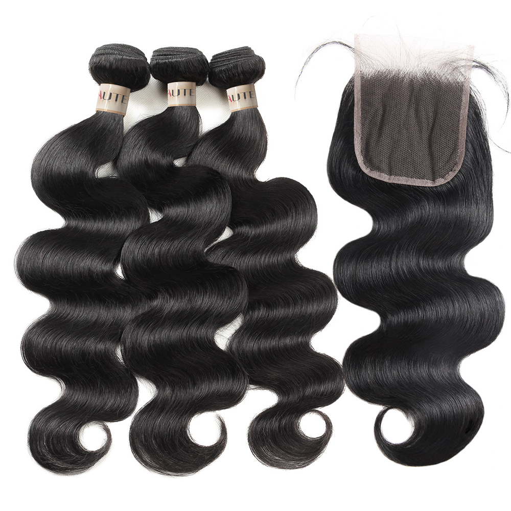 Lebeaute Body Wave Hair 3 Bundles With 4*4 Transparent Lace Closure 100% Unprocessed Human Hair