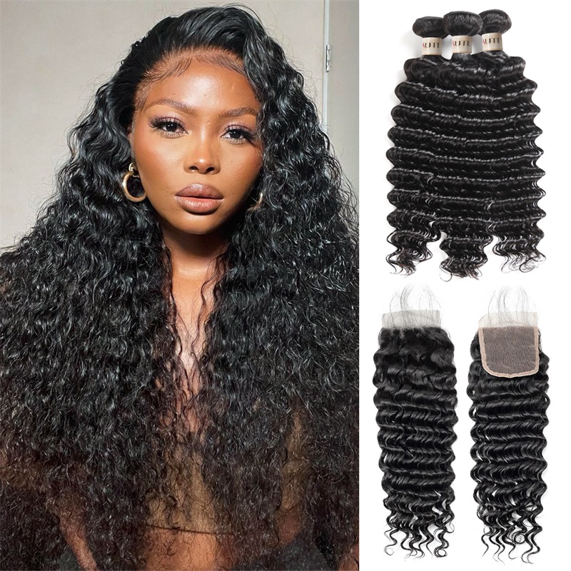Lebeaute HD Lace Closure With Bundles Brazilian Deep Wave 3 Bundles With 4x4 Lace Closure 100% Human Hair