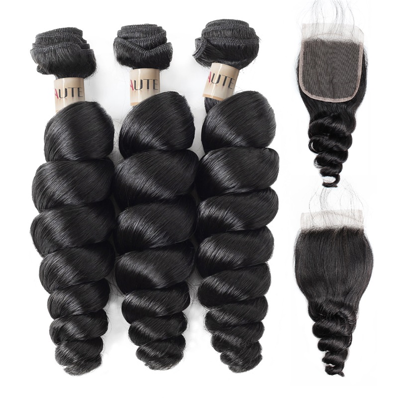 Lebeaute Brazilian Loose Wave Virgin Human Hair 3 4 Bundles With 4x4 Lace Closure