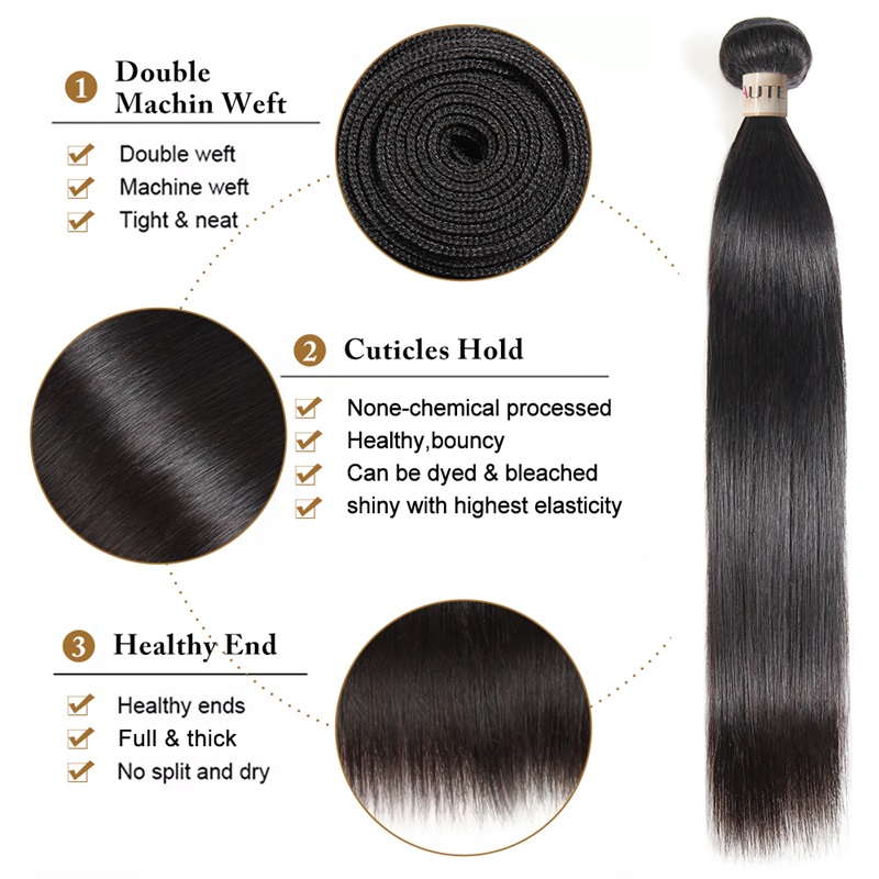 Lebeaute 3 Bundles Brazilian Human Virgin Straight Hair With 5x5 Lace Closure