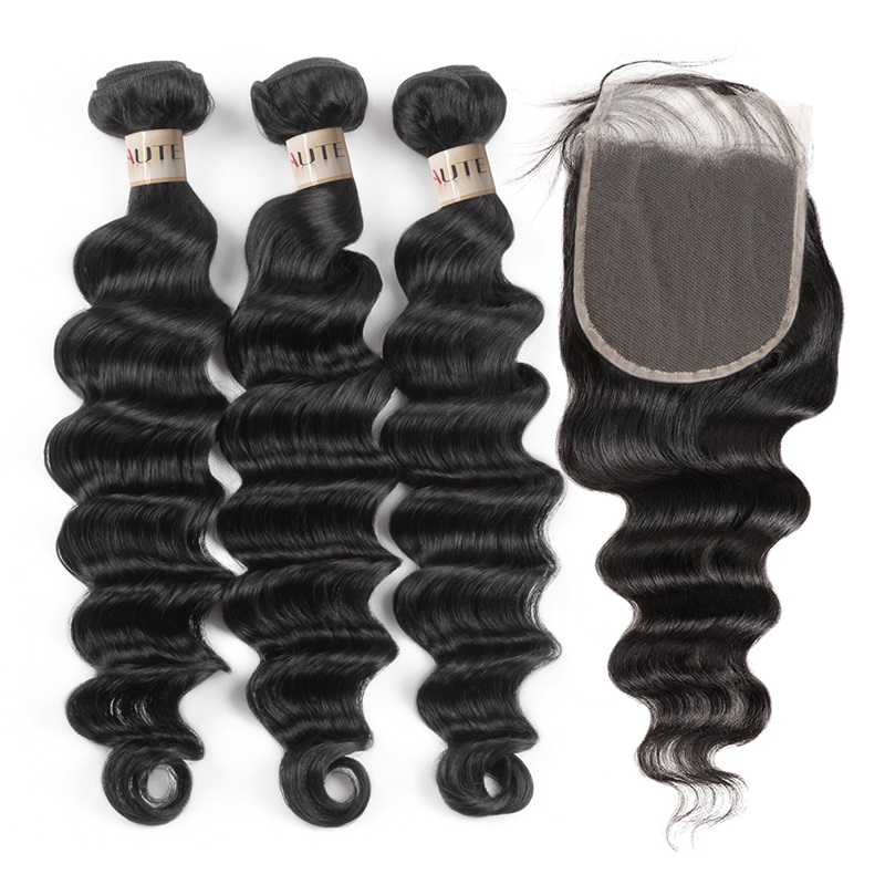 Lebeaute Loose Deep Wave Human Hair Bundles With 5x5 Lace Closure