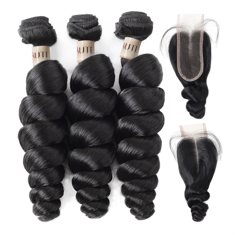 Lebeaute 2x6 Deep Parting Lace Closure with Loose Wave Bundles 3/4 Pack Human Hair Weave Extensions