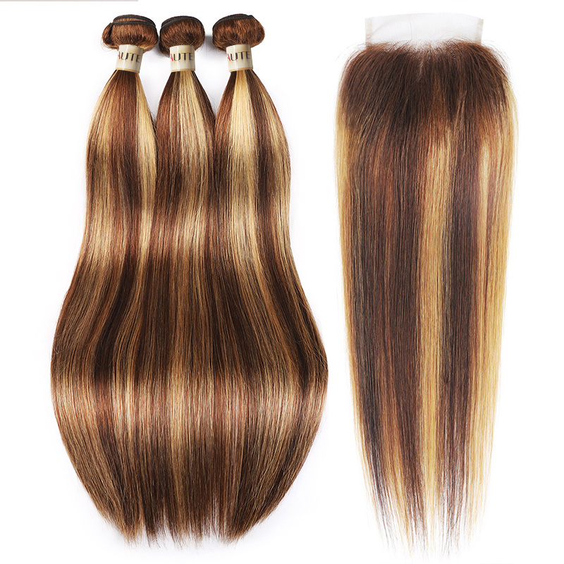 Lebeaute P4/27 Honey Blonde Highlight Straight Human Bundles with 4x4 Lace Closure