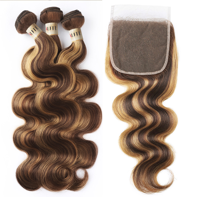 Lebeaute Body Wave Hair Bundles With Lace Closure P4/27 Highlight Color 3 Bundles With 5x5 Lace Closure